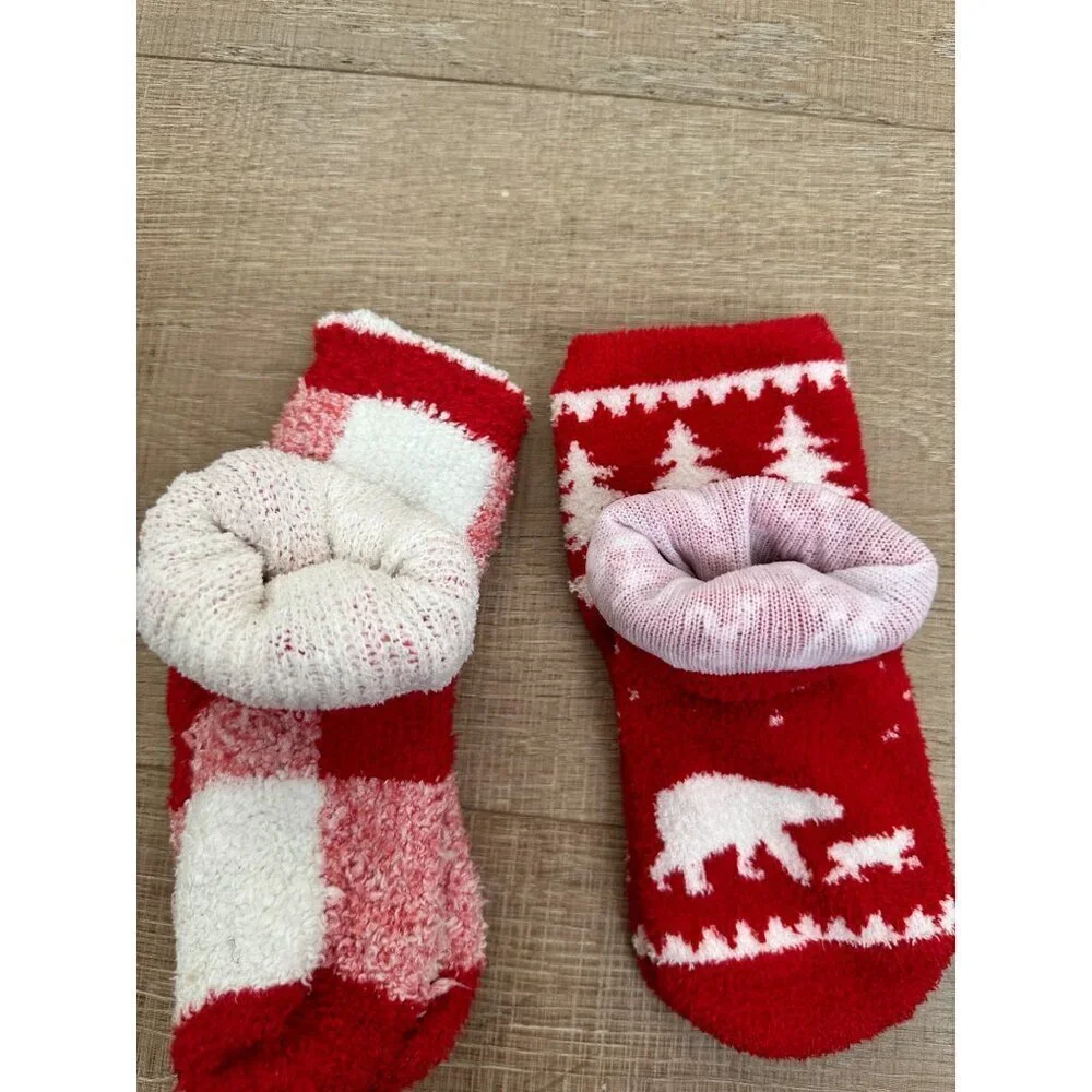 Cozy Red & White Fuzzy Winter Socks With Bear & Tree Pattern